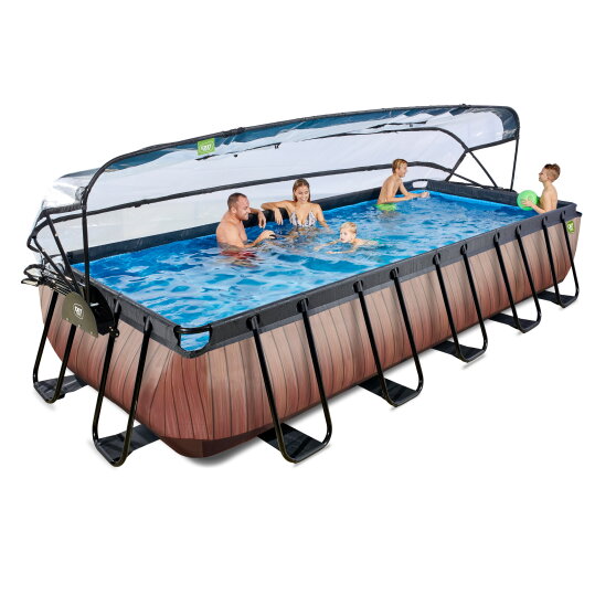 EXIT Wood pool 540x250x100cm with sand filter pump and dome and heat pump - brown